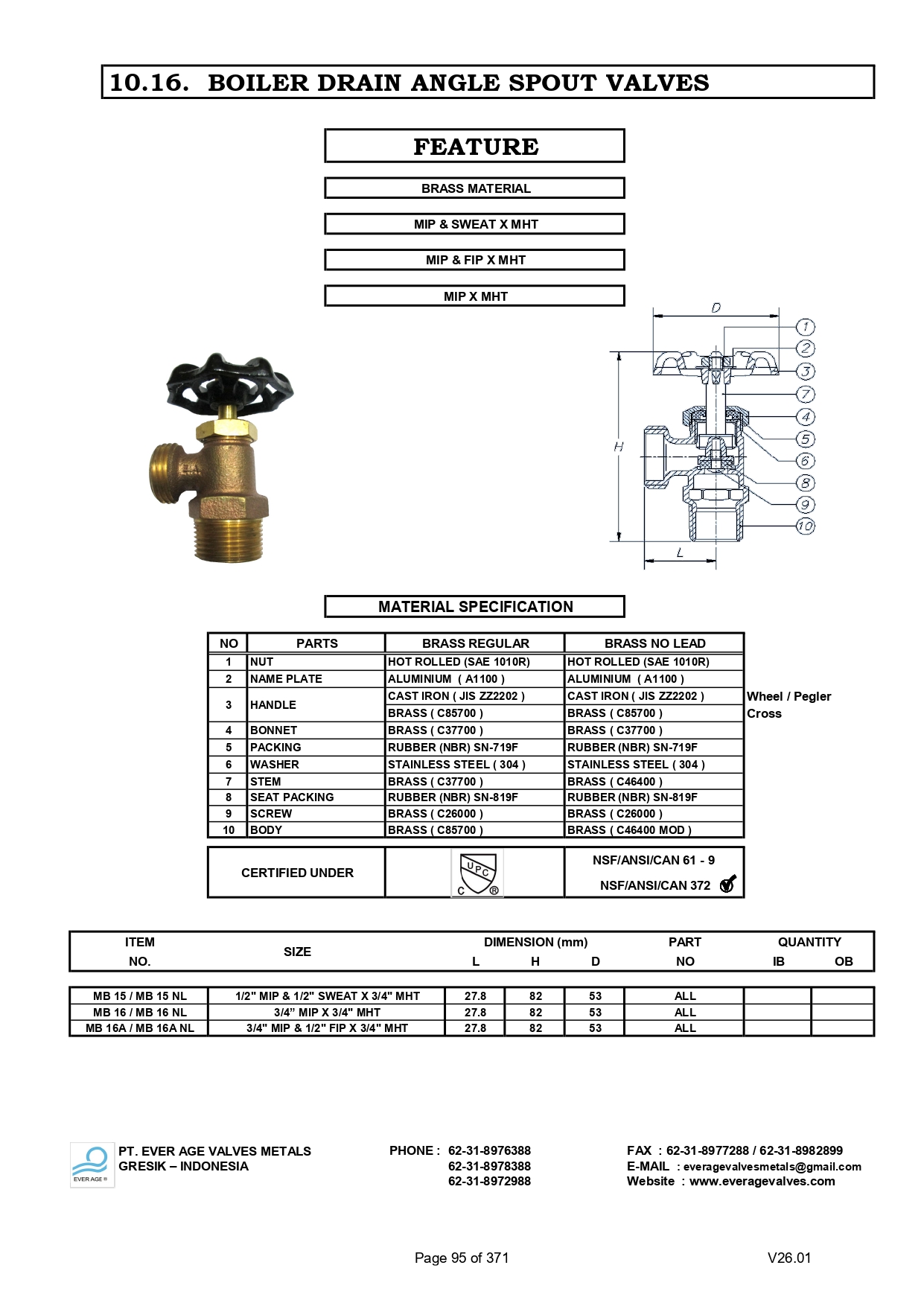 BOILER DRAIN ANGLE SPOUT VALVES. MB15A-MB16A